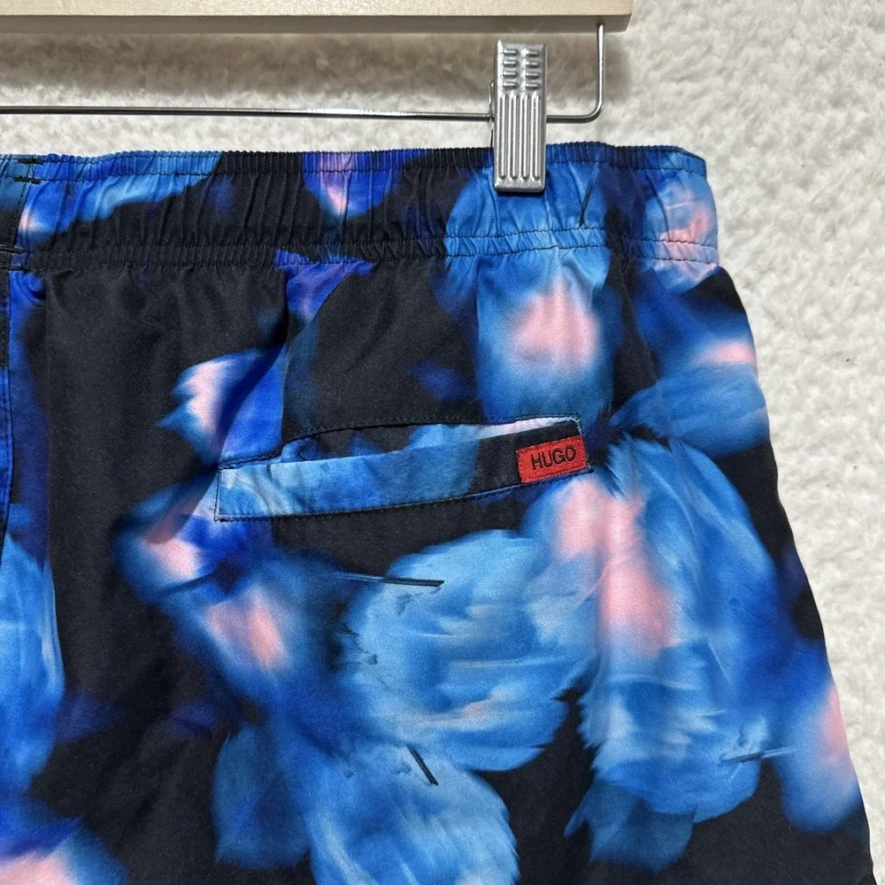Hugo Boss‎ Men's Size XL Blue Floral Printed Drawstring Swim Mesh Shorts Logo